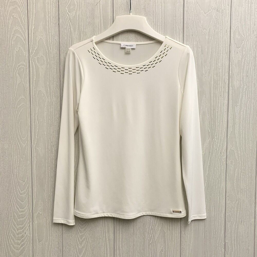 Calvin Klein Ivory Embellished Long Sleeve Top Petite PS
